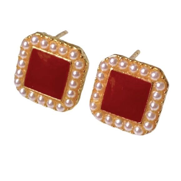 Ruby Red Enamel & Faux Pearl Square Studs, 1950s French Vintage Style Earrings - Picture 1 of 9